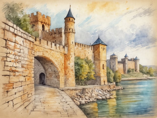 Eine beeindruckende historische Festung mit hohen Türmen und einer steinernen Mauer verläuft entlang eines ruhigen Flusses. Die Frontansicht zeigt einen Torbogen, der in die Festung führt. Im Hintergrund sind mehrere Türme sichtbar, die mit spitzen Dächern dekoriert sind. Unten ist ein Pflasterweg zu erkennen, der entlang des Wassers führt und von Bäumen gesäumt ist. Die sanften Farben der Aquarellzeichnung verleihen dem Bild eine nostalgische Stimmung und laden zu einem Besuch der berühmten Sehenswürdigkeiten in Belgrad ein.