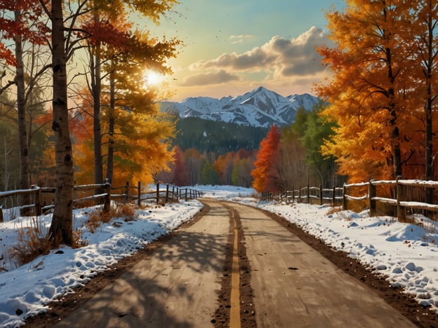 Auf dem Bild ist eine malerische Straße zu sehen, die von bunten Herbstbäumen gesäumt wird. Im Hintergrund erheben sich schneebedeckte Berge unter einem hellen Himmel. Diese Szenerie vermittelt eine friedliche, natürliche Atmosphäre.Die beste Reisezeit für Neuseeland ist in der Regel von November bis April, wenn es dort Sommer ist. Das Wetter ist mild und die Landschaft zeigt sich in voller Pracht, ideal für Outdoor-Aktivitäten und Erkundungen.