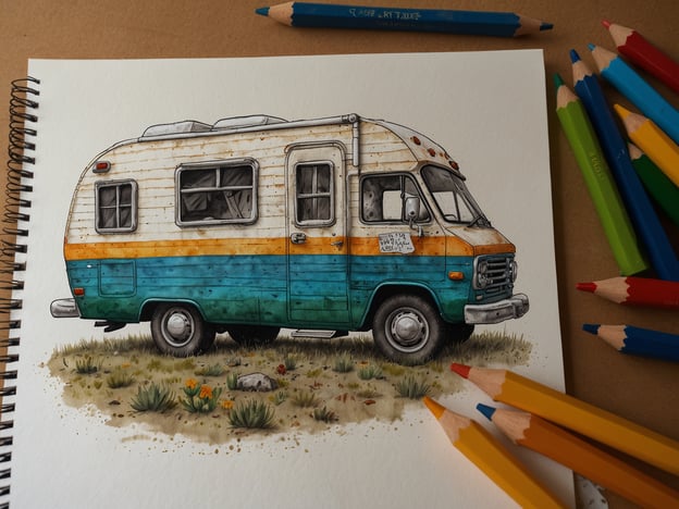 Auf dem Bild ist ein Wohnmobil zu sehen, das künstlerisch dargestellt ist. Hier sind einige Tipps für die Reiseplanung mit einem Wohnmobil:1. **Route planen**: Überlege dir im Voraus, welche Sehenswürdigkeiten oder Naturparks du besuchen möchtest. Nutze Karten-Apps, um die besten Routen zu finden.2. **Campingplätze reservieren**: Beliebte Campingplätze können schnell ausgebucht sein, vor allem in der Hochsaison. Eine frühzeitige Buchung kann dir Stress vermeiden.3. **Ausstattung überprüfen**: Stelle sicher, dass dein Wohnmobil vollständig ausgestattet ist, einschließlich Kochutensilien, Bettwäsche und Hygieneartikeln.4. **Lebensmittelvorräte**: Plane deine Mahlzeiten im Voraus und kaufe Lebensmittel ein, die einfach zuzubereiten sind. Snacks für die Fahrt sind ebenfalls wichtig.5. **Sicherheitsvorkehrungen**: Informiere dich über die sichere Handhabung des Wohnmobils sowie über Pannenhilfe und Notrufnummern in der Region, in der du reist.6. **Erlebnis einplanen**: Lass auch Raum für spontane Stops und Erlebnisse während deiner Reise. Oft sind die unerwarteten Momente die schönsten.Mit diesen Tipps kannst du eine reibungslose und angenehme Reise im Wohnmobil genießen!