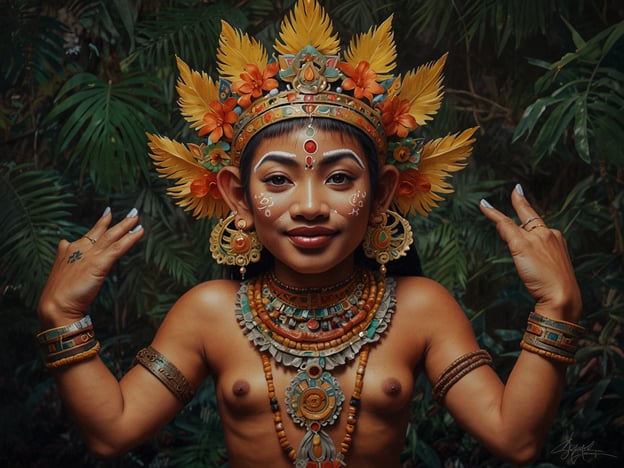 Auf dem Bild ist eine Person zu sehen, die traditionelle balinesische Kleidung und kunstvolle Schmuckstücke trägt. Diese Darstellung spiegelt die reiche Kultur und die Traditionen Balis wider, die tief verwurzelt in religiösen und kulturellen Praktiken sind.Die kunstvolle Friseur und die Verwendung von Blumen symbolisieren oft die Verbindung zur Natur und die Bedeutung von Zeremonien im balinesischen Glauben. Solche Darstellungen sind häufig in Tänzen und Festivals zu finden, wo die balinesische Gemeinschaft ihre Kultur feiert und bewahrt. Die lebendige Farbpalette und die detaillierten Ornamente sind charakteristisch für die balinesische Kunst und Handwerkskunst, die immer noch eine zentrale Rolle im täglichen Leben der Einwohner spielt.
