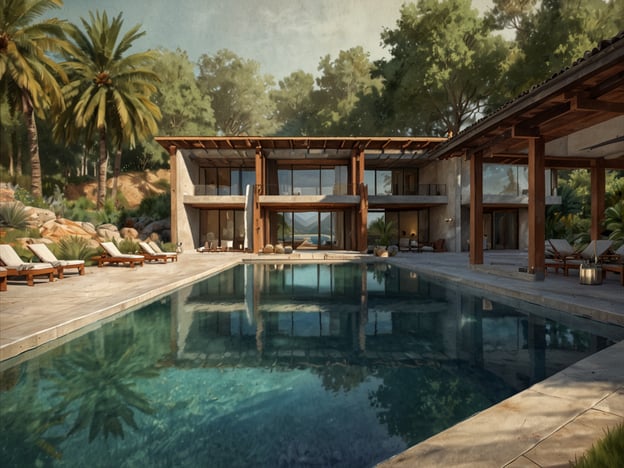 Auf dem Bild ist eine harmonische Szene eines modernen Hauses mit einem einladenden Pool zu sehen. Die Umgebung ist geprägt von üppigem Grün und Palmen, was eine beruhigende und entspannende Atmosphäre schafft. Das glatte Wasser des Pools spiegelt die friedliche Landschaft wider und lädt dazu ein, den Alltagsstress hinter sich zu lassen.Die architektonische Gestaltung des Hauses, kombiniert mit der natürlichen Umgebung, fördert ein Gefühl von Spiritualität und innerer Ruhe. Es ist ein Ort, der dazu einlädt, sich zu entspannen, die Seele baumeln zu lassen und sich mit der Natur zu verbinden.