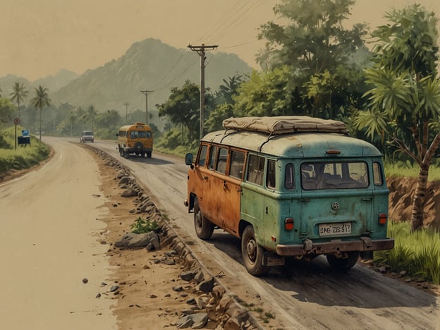 Auf dem Bild ist eine malerische Straßenlandschaft zu sehen, in der mehrere Fahrzeuge, darunter ein alter Kombi und ein Bus, auf einer kurvenreichen Straße unterwegs sind. Die Umgebung ist grün mit Palmen und Bergen im Hintergrund, was eine tropische Atmosphäre vermittelt.Die beste Reisezeit für Vietnam ist in der Regel von Februar bis April und von September bis November. In diesen Monaten sind die Temperaturen angenehm und die Niederschläge gering, was ideale Bedingungen für Erkundungen bietet.