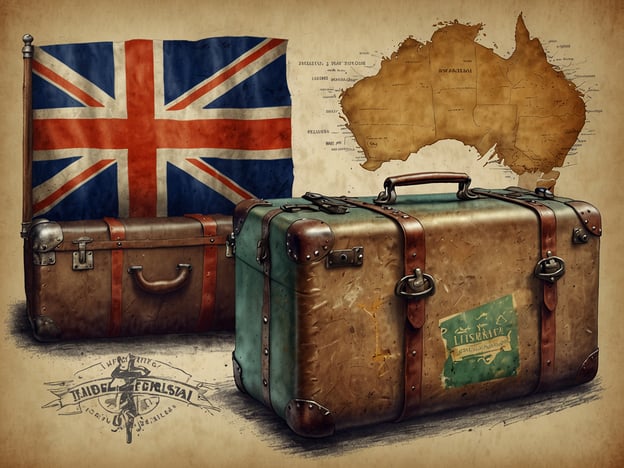 Auf dem Bild sieht man historische Koffer vor einer Karte von Australien und einer britischen Flagge. Diese Darstellung könnte auf Reisen zwischen dem Vereinigten Königreich und Australien hinweisen.Fluggesellschaften wie Qantas oder British Airways bieten häufig attraktive Angebote für Flüge zwischen diesen beiden Ländern an. Zum Beispiel könnte man bei Qantas oft Sondertarife für Hin- und Rückflüge nach Australien finden, während British Airways manchmal Kombinationen mit anderen europäischen Zielen anbietet. Außerdem gibt es häufige Promotions für Reisen während der Hauptsaison, die die Planung eines Abenteuers nach Australien erleichtern könnten.