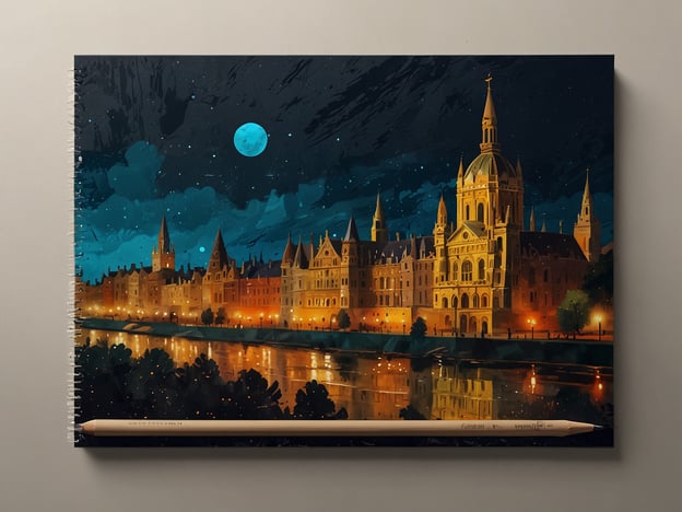 Auf dem Bild ist eine nächtliche Stadtlandschaft zu sehen, die von einem Fluss flankiert wird. Im Vordergrund spiegeln sich die Lichter in der ruhigen Wasseroberfläche. Die Architektur der Gebäude ist beeindruckend, mit hohen Türmen und einer markanten Kuppel, die das Stadtbild dominiert. Der Himmel ist teilweise bewölkt und trägt einen tiefen Blau- und Türkiston, während der Mond leuchtet und weitere Sterne sichtbar sind.**Zusätzliche Tipps und Tricks:**1. **Farbbetrachtung**: Achte auf die Farbkombinationen, die oft Stimmungen erzeugen. Hier schaffen die dunklen Himmelstöne mit den warmen Lichtakzenten eine dramatische Atmosphäre.2. **Licht und Schatten**: Die Art, wie Licht auf die Gebäude fällt, bringt Tiefe und Dimension in die Szene. Beobachte, wie Schatten die Formen hervorheben.3. **Entspannung durch Natur**: Wenn du solche Bilder betrachtest, nimm dir einen Moment, um die Ruhe und das Ambiente auf dich wirken zu lassen. Das kann entspannend sein!