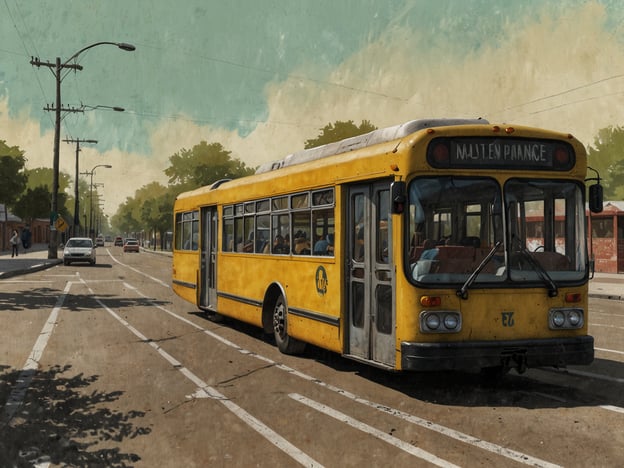 Auf dem Bild ist ein gelber Bus zu sehen, der auf einer Straße fährt. Die Umgebung zeigt ein städtisches Landschaftsbild mit hohen Bäumen, Masten und weiteren Autos.**Planung und Vorbereitung:** Bei der Nutzung des öffentlichen Verkehrs, wie des Busses, ist es wichtig, im Voraus zu planen. Dazu gehört die Überprüfung der Fahrpläne, das Sichern eines geeigneten Haltepunkts und das Einhalten der Fahrtzeiten. Man sollte auch darauf vorbereitet sein, mögliche Verspätungen oder Umleitungen in Betracht zu ziehen, um sicher ans Ziel zu gelangen.