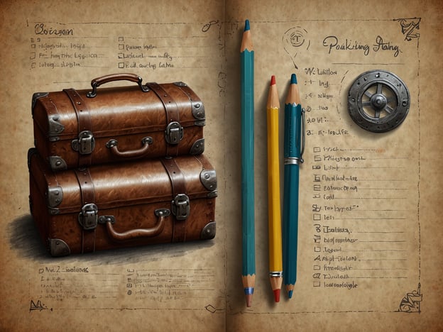 Auf dem Bild sind zwei Koffer zu sehen, die übereinandergestapelt sind. Daneben liegen mehrere farbige Bleistifte und ein Stift. Im Hintergrund ist eine Art Notizbuch oder Liste abgebildet, die eine Packliste zeigt. Diese enthält verschiedene Artikel, die möglicherweise für eine Reise oder ein Abenteuer notwendig sind, zusammen mit einem kleinen dekorativen Steuerrad.### Packliste und Ausrüstung:- **Koffer**: Zum Transport der Ausrüstung.- **Schreibutensilien**: Bleistifte und ein Stift für Notizen oder Planungen.- **Liste**: Enthält eventuell wichtige Gegenstände, die einzupacken sind.Die gesamte Szene vermittelt den Eindruck einer Vorbereitung für eine Reise oder Expedition.