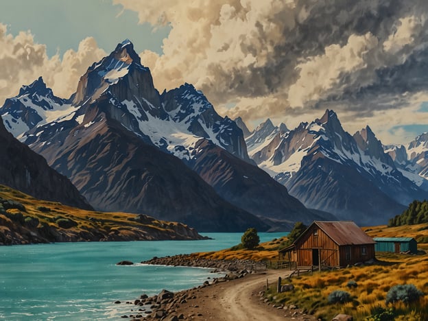 Auf dem Bild ist eine malerische Landschaft mit majestätischen Bergen und einem ruhigen, turquoise-blauen See zu sehen. Im Vordergrund befindet sich eine kleine Holzwohnung oder Hütte, umgeben von sanften grünen Wiesen und Sträuchern.Für eine mögliche Reiseroute in dieser Region könnte man beginnen, die Gegend durch Wanderungen zu erkunden, um die atemberaubende Natur zu genießen. Eine Unterkunft in der Nähe könnte eine gemütliche Lodge oder ein Bergchalet sein, das den Blick auf die beeindruckende Landschaft bietet.Man könnte auch verschiedene Ausflüge planen, wie beispielsweise Bootsfahrten auf dem See oder geführte Wanderungen in den Bergen, um die Flora und Fauna der Region näher kennenzulernen.