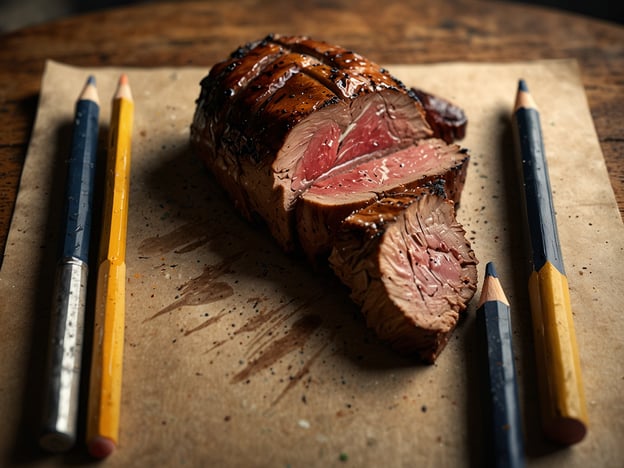 Auf dem Bild ist ein Stück Fleisch zu sehen, das appetitlich auf einem Stück braunem Papier angerichtet ist. Es scheint gegrillt oder gebraten zu sein, da die Oberfläche eine glänzende, karamellisierte Farbe hat, während das Innere zart und rosa ist.Umrahmt wird das Fleisch von farbigen Buntstiften, was eine kreative und möglicherweise dekorative Note hinzufügt. Diese Kombination aus Essen und Kunst könnte auf eine künstlerische Präsentation oder ein Menü für eine Veranstaltung hinweisen.Kulturell betrachtet hat Fleisch in vielen deutschsprachigen Regionen eine besondere Bedeutung, oft verbunden mit Traditionen wie dem großen Essen zu Feiertagen oder festlichen Anlässen. Zudem wird in Deutschland oft Wert auf nachhaltige und regionale Fleischproduktion gelegt.Beim Servieren von Fleisch ist es üblich, darauf zu achten, dass die Gäste sich wohlfühlen. Man sollte darauf achten, dass die Portionen angemessen sind und alle Gäste ein Stück erhalten. Es ist höflich, nach dem Wohl des Gastes zu fragen, insbesondere wenn man selbst kocht oder für andere verantwortlich ist.