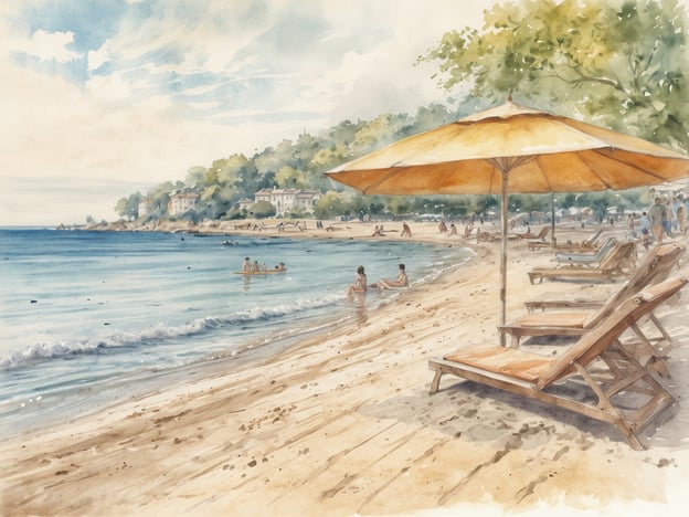 Ein malerischer Strand mit goldfarbenem Sand und sanften Wellen, die an die Küste plätschern. Im Vordergrund sind mehrere Liegen aufgestellt, einige mit Sonnenschirmen, die Schatten spenden. Im Hintergrund sind Menschen beim Schwimmen und Sonnenbaden zu sehen, während an den Ufern Häuser und Bäume in der Ferne leicht verschwommen auftreten. Der Himmel ist leicht bewölkt und vermittelt eine entspannte Atmosphäre, ideal für einen Sommertag am Meer.