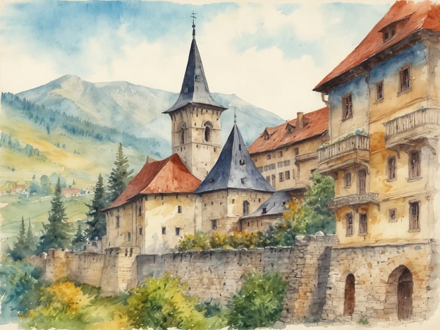 Ein malerisches Dorf in den rumänischen Karpaten mit einer beeindruckenden Burg im Vordergrund. Die Burg hat zwei hohe Türme mit steilen, schiefergedeckten Dächern und ist von einer alten Steinmauer umgeben. Im Hintergrund erheben sich majestätische, bewaldete Berge unter einem strahlend blauen Himmel mit wenigen Wolken. Die umliegenden Häuser sind mit roten und beige Farbnuancen gestaltet und zeigen rustikale Balkone, umgeben von üppigem Grün. Diese Idylle vermittelt eine charmante, historische Atmosphäre, die typisch für die schönsten Orte für einen Urlaub in Rumänien ist.