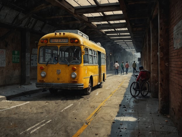 Auf dem Bild ist ein gelber Bus zu sehen, der in einem Übergangsbereich oder einer alten Station steht. Um den Bus herum sind mehrere Personen, die zu Fuß gehen. Auf der linken Seite sitzt eine Person auf einem Fahrrad und beobachtet die Umgebung. Die Beleuchtung wirkt etwas düster, was auf einen älteren oder historischen Ort hindeutet.Wenn man das Bild analysiert, könnte man sich überlegen, welche Bedeutung der Ort hat und welche Geschichten sich dort abspielen. Es wäre eine interessante Planung, eine Geschichte rund um diesen Ort und die Personen zu entwickeln, sowie mögliche kulturelle Elemente zu recherchieren, die mit der dargestellten Szene verbunden sind.
