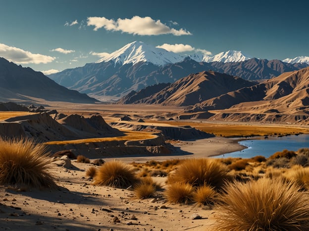 Auf dem Bild ist eine beeindruckende Landschaft zu sehen:- **Berge**: Im Hintergrund erheben sich majestätische, schneebedeckte Berge, die eine dramatische Kulisse bilden.- **Wüste**: Im Vordergrund erstrecken sich sandige Flächen mit sanften Hügeln, die eine wüstenähnliche Umgebung schaffen.- **Gräser und Sträucher**: Es gibt auffällige, buschige Grasflächen, die dem Bild Textur und Farbe verleihen.- **Fluss oder Teich**: Im unteren Bereich des Bildes fließt möglicherweise ein Wasserlauf oder ein kleiner Teich, der Ruhe und Klarheit vermittelt.- **Himmel**: Der Himmel ist klar mit einigen Wolken, die dem Bild Tiefe und eine friedliche Atmosphäre verleihen.Diese Kombination von Elementen schafft eine beeindruckende und friedliche Naturszene.