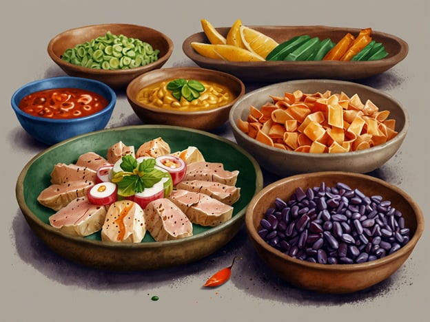 Auf dem Bild sind verschiedene kulinarische Elemente zu sehen, die typisch für die peruanische Küche sein könnten. In der Mitte sieht man eine ansprechend angerichtete Platte mit zartem Fleisch, vermutlich Huhn oder Fisch, garniert mit frischen Kräutern und Gemüse.Um diese zentrale Platte sind mehrere Schalen mit Beilagen und Saucen gruppiert. Dazu gehören:- **Grüne Bohnen oder Erbsen**: Diese bieten eine frische Note und sind oft Bestandteil traditioneller Gerichte.- **Saucen**: Eine scharfe Sauce könnte echtem „Ají“ entsprechen, während eine andere eine cremige Erdnusssauce repräsentieren könnte, die häufig in peruanischen Speisen verwendet wird.- **Oberflächen mit Gemüse**: Zitrusfrüchte wie Limetten oder Zitronen sowie bunte Paprikastücke, die zum Garnieren und für zusätzlichen Geschmack dienen.- **Bohnen**: Die schwarzen oder lila Bohnen sind typisch für viele andine Gerichte und tragen zur Nährstoffvielfalt bei.- **Pasta oder Teigwaren**: Diese könnten auf eine Fusion von peruanischen und italienischen Einflüssen hinweisen, wie sie in vielen modernen peruanischen Restaurants zu finden sind.Dieses Arrangement spiegelt die Vielfalt und den Reichtum der peruanischen Gastronomie wider, die verschiedene kulturelle Einflüsse integriert und sich durch frische Zutaten auszeichnet.
