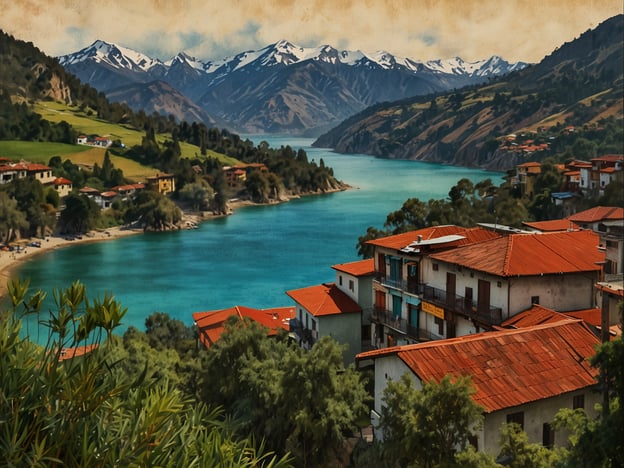 Auf dem Bild ist eine malerische Landschaft mit einem turquoise Wasser und schneebedeckten Bergen im Hintergrund zu sehen. Dieses Szenario könnte an einem der atemberaubenden Seen Ecuadors, wie dem **Laguna de Cuicocha** oder **Laguna de Quilotoa**, entstehen. Beide Orte sind für ihre spektakuläre Aussicht und natürliche Schönheit bekannt.Die Architektur im Vordergrund mit den roten Dächern könnte ebenfalls zu typischen Bergdörfern in Ecuador gehören, die oft in der Nähe von Seen oder Flüssen liegen und von grünen Hügeln umgeben sind. Solche Szenerien sind ein Muss für Reisende, die die faszinierende Natur und Kultur Ecuadors erleben möchten.