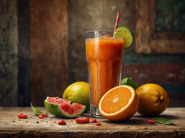 Auf dem Bild ist ein erfrischendes Getränk in einem Glas zu sehen, das mit Eis gefüllt ist und mit einer Zitronenscheibe dekoriert ist. Um das Glas herum liegen frische Früchte, darunter eine Orange, eine Limette und möglicherweise eine Guave.In Ecuador sind frische Fruchtsäfte sehr populär, und solche Mixgetränke sind ein wichtiger Bestandteil der einheimischen Küche. Besonders beliebt sind Säfte aus tropischen Früchten wie Maracuja und Naranjilla. Zusätzlich gibt es viele Variationen, die lokale Früchte kombinieren und oft mit Wasser oder Milch zubereitet werden.