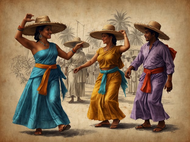 Auf dem Bild sind drei Personen zu sehen, die traditionelle Kleidung tragen und fröhlich tanzen. Die Frauen sind in bunten, fließenden Kleidern gekleidet, während der Mann ebenfalls eine traditionelle Tracht trägt. Alle tragen große Hüte, die oft in tropischen Regionen verbreitet sind, um sich vor der Sonne zu schützen.Diese Darstellung könnte mit kulturellen Festlichkeiten oder Tänzen verbunden sein, die in vielen lateinamerikanischen Ländern beliebt sind. Solche Tänze spielen oft eine wichtige Rolle in Feierlichkeiten, wo Gemeinschaft, Musik und Kultur gefeiert werden. Die bunten Kleider und Accessoires reflektieren die lebendige Tradition und den Stolz auf das kulturelle Erbe der Region.