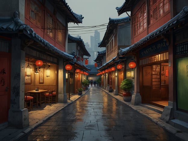 Auf dem Bild ist eine malerische Gasse zu sehen, die eine einzigartige Atmosphäre ausstrahlt, die an die traditionelle Kultur Südkoreas erinnert. Die schmalen Straßen sind von alten, stilvoll dekorierten Gebäuden gesäumt, die die klassische Architektur mit ihren geschwungenen Dächern und geschmackvollen Holzverzierungen widerspiegeln.Die warmen roten Laternen, die an den Wänden hängen, verleihen der Szene eine einladende Stimmung und könnten darauf hindeuten, dass hier authentische koreanische Restaurants oder Teehäuser zu finden sind, wo man die köstliche koreanische Küche genießen kann. Der glänzende Boden, der durch den Regen feucht geblieben ist, verstärkt das Gefühl von Ruhe und Gelassenheit.Man kann sich vorstellen, wie Besucher hier entlang schlendern, die faszinierenden Gerüche der Street-Food-Stände riechen und die lebendige Kultur erleben, die in diesem ruhigen, historischen Teil Südkoreas pulsiert.
