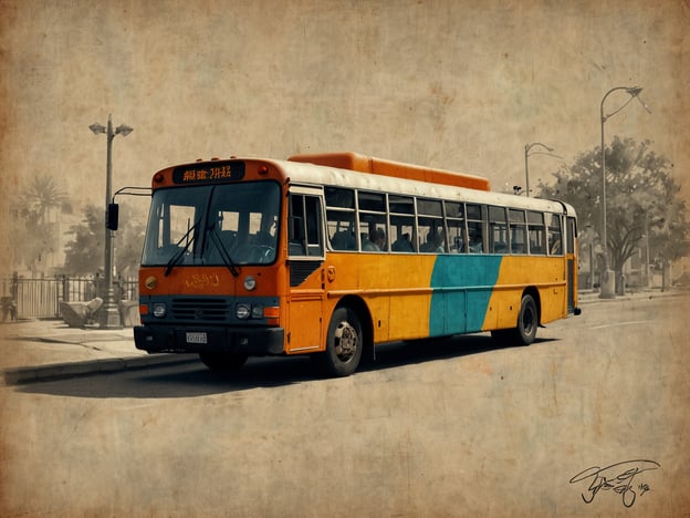 Auf dem Bild ist ein älterer, gelb-orange farbener Linienbus zu sehen. Er steht auf einer Straße und wirkt, als ob er bereit ist, Passagiere aufzunehmen oder abzusetzen. Die Umgebung scheint urban zu sein, mit einigen Lampen und Bäumen im Hintergrund.**Planung und Vorbereitung:**Um eine ähnliche Szene zu reproduzieren, könnte man zunächst den Standort auswählen, an dem ein Bus benötigt wird. Anschließend müsste man entsprechende Lizenzen und Erlaubnisse für den Bus und die Straße einholen. Auch eine geeignete Kameraausstattung und das richtige Timing für gutes Licht wären wichtig, um die Atmosphäre festzuhalten. Schließlich könnte man weitere Details planen, wie die Anzahl der Personen, die mitfahren oder im Hintergrund stehen sollen, um die Szene lebendig zu gestalten.