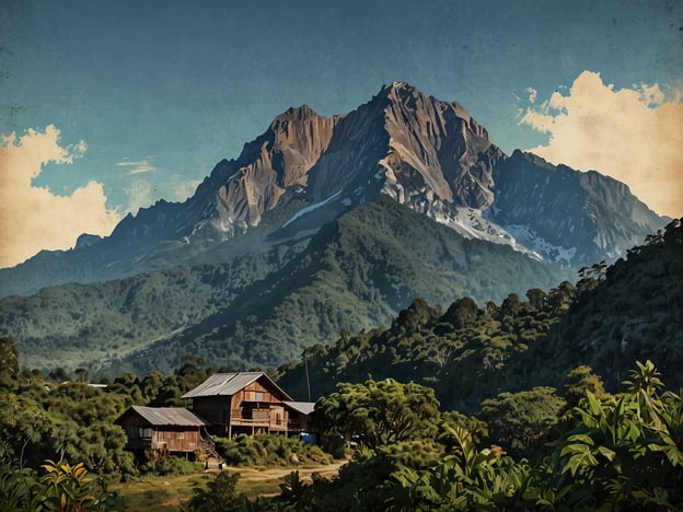 Auf dem Bild ist eine beeindruckende Berglandschaft zu sehen, mit einem majestätischen Berg im Hintergrund, der möglicherweise der Mount Kinabalu in Malaysia ist. Im Vordergrund befinden sich traditionelle Holzgebäude, die in einer grünen, üppigen Umgebung platziert sind.Diese Region bietet viele Aktivitäten wie Trekking und Wandern, um die atemberaubenden Ausblicke auf die Berge und die Natur zu genießen. Außerdem können Besucher die lokale Flora und Fauna erkunden, sowie die kulturellen Aspekte der Bevölkerung erleben. Ein Besuch in dieser Gegend könnte auch Gelegenheiten zum Fotografieren der spektakulären Landschaften und zur Erkundung der umliegenden Wälder bieten.