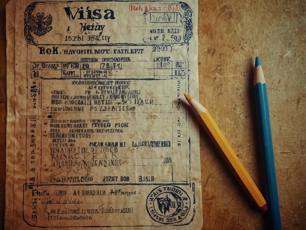 Auf dem Bild ist ein altes Visum zu sehen, das offensichtlich für die Einreise in ein bestimmtes Land ausgestellt wurde. Solche Visa sind wichtige Dokumente, die die Einreisebestimmungen eines Landes regeln. Sie enthalten Informationen über den Reisenden, den Zweck der Einreise sowie die Gültigkeitsdauer des Visums. Oft müssen Reisende bestimmte Anforderungen erfüllen, wie z.B. einen gültigen Reisepass und möglicherweise weitere Unterlagen, um das Visum zu erhalten.Zusätzlich zu dem Visum sind auch zwei Farbstifte abgebildet, die jedoch in Bezug auf Einreise- und Visabestimmungen keine Relevanz haben.