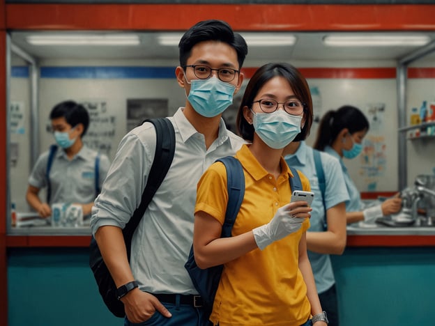 Auf dem Bild sind mehrere Personen in einem Raum zu sehen, die alle Gesichtsmasken tragen, was auf eine Maßnahmen zur Gesundheits- und Sicherheitsvorkehrung hinweist. Die Personen scheinen in einem öffentlichen Raum zu sein, möglicherweise in einem Restaurant oder Café, da im Hintergrund eine Theke mit verschiedenen Gegenständen zu erkennen ist.Das Tragen von Masken und Handschuhen ist Teil der vorbeugenden Maßnahmen, um die Verbreitung von Viren zu minimieren. Es ist wichtig, in solchen Umgebungen Hygienestandards wie häufiges Händewaschen und Abstandhalten zu beachten, um die Gesundheit aller Anwesenden zu schützen.