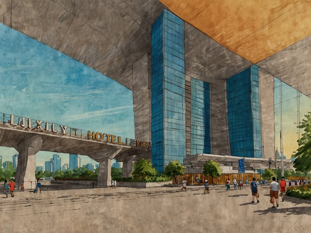 Auf dem Bild ist ein modernes Hotelgebäude mit dem Namen "LUXILY HOTEL" zu sehen, das durch einen futuristischen Architekturstil hervorsticht. Es gibt eine breite Fußgängerzone im Vordergrund, auf der mehrere Menschen unterwegs sind. Um das Hotel herum sind Grünflächen und Bäume angelegt, die zu einer einladenden Atmosphäre beitragen.Für die Unterkunft können Gäste in diesem Hotel übernachten und luxuriöse Annehmlichkeiten genießen. Der Transport vor Ort könnte durch verschiedene Mobilitätsangebote wie Taxis, öffentliche Verkehrsmittel oder Fußwege ermöglicht werden, was den Zugang zu weiteren Zielen in der Stadt erleichtert.