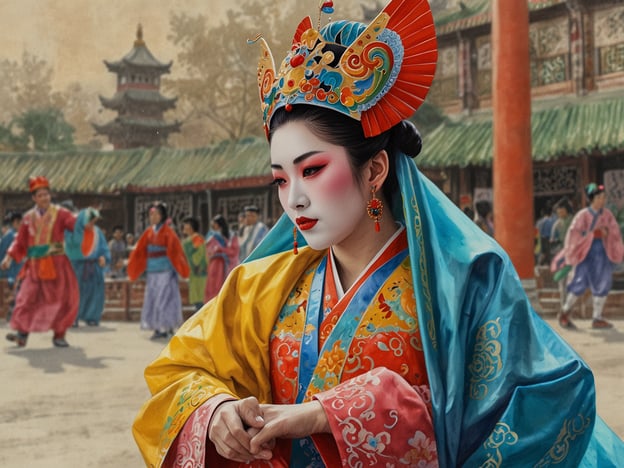 Auf dem Bild sieht man eine Frau in traditioneller, farbenfroher chinesischer Tracht, die möglicherweise eine kulturelle Veranstaltung oder ein Festival darstellt. Ihre aufwendige Kleidung und das geschminkte Gesicht sind Merkmale der traditionellen chinesischen Kunst, besonders in Bezug auf darstellende Künste wie die Peking-Oper.Im Hintergrund sind Menschen, die in festlichen Outfits tanzen und sich in einer Vielzahl von Farben bewegen, was auf eine lebhafte Feier oder einen traditionellen Markt hinweist. Solche Veranstaltungen sind oft tief in der Kultur verwurzelt und zelebrieren lokale Bräuche und historische Momente.Das Bild könnte also eine Verbindung zu zahlreichen kulturellen Festivals in China darstellen, wie das Mondfest oder das Frühlingsfest, bei denen Tanz, Musik und traditionelle Kostüme eine zentrale Rolle spielen.