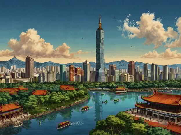 Taiwan – Ein unterschätztes Juwel Asiens.Auf dem Bild ist eine malerische Ansicht einer Stadt mit modernen Wolkenkratzern und traditioneller Architektur zu sehen. Im Vordergrund fließt ein ruhiger Fluss, gesäumt von üppigem Grün und wunderschönen Gartenanlagen. Am Ufer befinden sich mehrere traditionelle Gebäude mit charakteristischen Dächern. In der Ferne ragt ein markanter Wolkenkratzer in den Himmel, umgeben von majestätischen Bergen, die die Landschaft eindrucksvoll abrunden. Kleine Boote schippern friedlich auf dem Wasser, was der Szene eine beruhigende Atmosphäre verleiht.