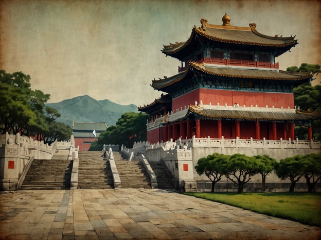 Auf dem Bild ist ein beeindruckendes historisches Gebäude zu sehen, das typisch für die traditionelle chinesische Architektur ist. Die auffälligen roten Wände und das geschwungene Dach sind Merkmale, die oft in Tempeln und Palästen Chinas zu finden sind.Das Ensemble wird von einer schönen Treppe umrahmt, die den Zugang zu dem Gebäude erleichtert und dem Platz eine monumentale Atmosphäre verleiht. Im Hintergrund erkennt man die silhouette von Bergen, was die natürliche Schönheit der Umgebung unterstreicht.Solche architektonischen Meisterwerke sind kulturelle Highlights, die nicht nur die Geschichte der chinesischen Dynastien widerspiegeln, sondern auch Einblicke in die spirituellen Praktiken und den gesellschaftlichen Rang der Zeit bieten. Diese Art von Stätten sind häufig Teil des UNESCO-Weltkulturerbes und ziehen Touristen und Geschichtsinteressierte aus der ganzen Welt an.