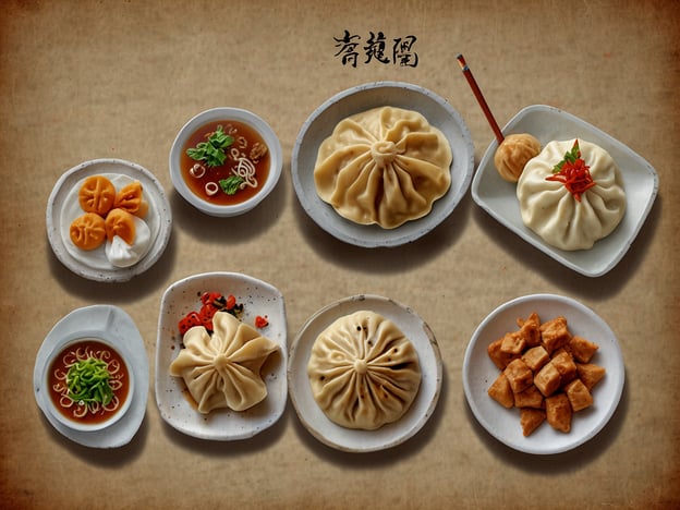 Auf dem Bild sind verschiedene köstliche Gerichte der taiwanesischen Küche zu sehen. In der Mitte stechen die großen gedämpften Brötchen (Baos) hervor, die oft mit verschiedenen Füllungen wie Fleisch oder Gemüse gefüllt sind. Die kleinen gefüllten Teigtaschen, die Dumplings, sind ebenfalls prominent, häufig serviert mit einer würzigen Soße.Neben diesen finden sich auch einige knusprige Snacks, möglicherweise frittierte Tofu-Würfel, die eine beliebte Beilage sind. Einige Schalen enthalten Brühe oder soßenreiche Gerichte, die mit frischen Kräutern garniert sind, was typisch für die taiwanesische Küche ist.Insgesamt vermittelt das Bild einen Eindruck von der Vielfalt und den Aromen, die die taiwanesische Gastronomie zu bieten hat.