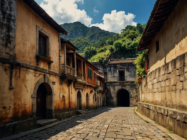 Auf dem Bild ist eine malerische Straße in einer historischen Stadt zu sehen, umgeben von alten, charmanten Gebäuden mit Ecken, die Geschichte ausstrahlen. Diese Art von Umgebung kann oft in Städten wie Vigan auf den Philippinen gefunden werden, die für ihre gut erhaltene spanische Kolonialarchitektur berühmt ist.Top-Sehenswürdigkeiten und Aktivitäten könnten Folgendes umfassen:1. **Erkundung der Geschichte**: Spaziergänge durch die historischen Straßen, um die Kolonialarchitektur zu bewundern.2. **Besuch von Museen**: Entdecken Sie Museen, die die lokale Kultur und Geschichte präsentieren.3. **Lokale Küche genießen**: Probieren Sie traditionelle Gerichte in einem der Cafés oder Restaurants vor Ort.4. **Handwerk und Souvenirs**: Einkaufen von lokaler Handwerkskunst und einzigartigen Souvenirs.5. **Natur erleben**: Wanderungen oder Ausflüge in die malerische Umgebung, z.B. in die Berge, die im Hintergrund sichtbar sind.Diese Aktivitäten bieten einen tieferen Einblick in die Kultur und Geschichte der Region sowie eine schöne Verbindung zur Natur.