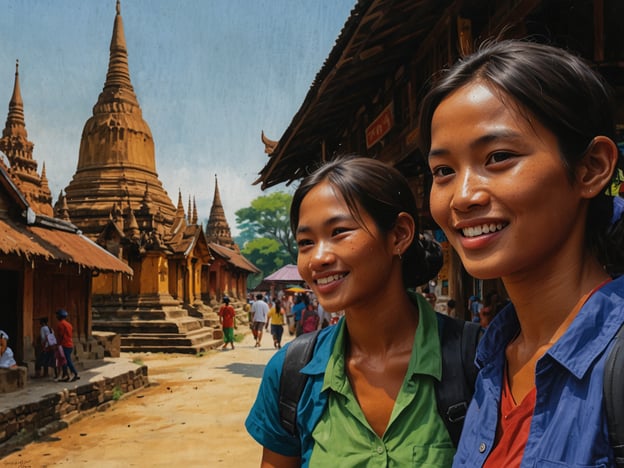 Auf dem Bild sieht man zwei junge Frauen, die in einer historischen Umgebung mit Tempeln und Stupas stehen. Es scheint ein lebhaftes Reiseziel zu sein, das wahrscheinlich kulturelle und historische Sehenswürdigkeiten bietet.Wenn du eine Reise dorthin planst, könntest du überlegen, Führungen zu den Tempeln zu buchen, um mehr über die Geschichte und Architektur zu erfahren. Außerdem wäre es empfehlenswert, die lokale Küche zu probieren und eventuell einen Markt zu besuchen, um die Kultur hautnah zu erleben. Die beiden Frauen scheinen die Umgebung zu genießen, was ein gutes Zeichen dafür ist, dass es viele interessante Dinge zu entdecken gibt!