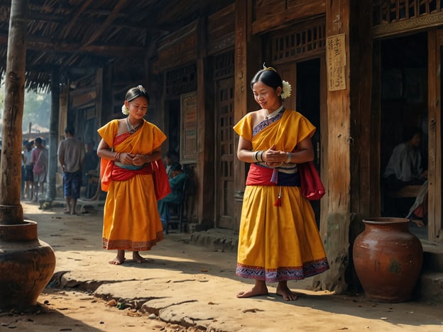 Auf dem Bild sind zwei Mädchen in traditioneller Kleidung zu sehen, die sich in einem ländlichen Dorf oder Stadtteil aufhalten. Ihre gelben Kleider, kombiniert mit bunten Tüchern und schlichten Accessoires, wirken sehr farbenfroh und rund um die Szene.Diese Art von Kleidung könnte auf eine bestimmte ethnische Gruppe oder Region hinweisen, die mit reicher Kultur und Tradition verbunden ist – möglicherweise aus Südostasien oder einer indigenen Kultur. Die Blumen im Haar und die Schmuckaccessoires sind ebenfalls charakteristisch für viele asiatische Kulturen, die oft eine enge Verbindung zur Natur und zu festlichen Anlässen pflegen.Die Umgebung wirkt traditionell, mit Holzgebäuden und Handwerkskunst, was auf eine tief verwurzelte Gemeinschaft sowie eine möglicherweise noch lebendige und authentische Lebensweise hinweist. Solche Bilder sind oft Zeugnisse von kulturellen Festen oder Alltagsleben in Gemeinschaften, die ihre Traditionen bewahren und dabei die Harmonie mit der Natur und ihrer Umgebung reflektieren.