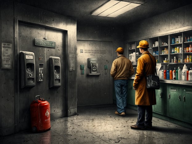 Auf dem Bild ist ein Raum zu sehen, der möglicherweise als Pausenraum oder Umkleidebereich genutzt wird. Einige Personen, die Arbeitskleidung tragen, stehen in der Nähe von Telefonen und einem Regal mit verschiedenen Chemikalien oder Reinigungsprodukten. Es gibt auch einen roten Kanister, der auf Sicherheit hinweist, möglicherweise ein Gefahrgutbehälter.Die Präsenz von chemischen Produkten und der rote Kanister tragen zur Bedeutung von Sicherheit und Gesundheit in diesem Umfeld bei. Es ist wichtig, in solchen Räumen sicherheitsbewusst zu handeln, insbesondere beim Umgang mit potenziell gefährlichen Substanzen.