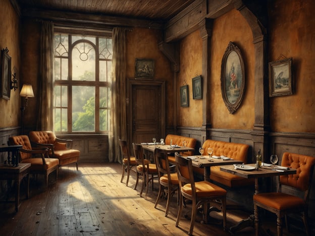 Auf dem Bild ist ein einladender Raum zu sehen, der eine warme und gemütliche Atmosphäre ausstrahlt. Der Raum wirkt wie ein klassisches Restaurant oder eine Teestube, in der lokale Gemeinschaften zusammenkommen können. Mit den schönen Holzmöbeln und der sanften Beleuchtung bietet der Raum einen perfekten Ort, um sich mit Freunden oder Familie zu treffen.Die Fenster lassen viel Tageslicht herein, was die Gastfreundschaft unterstreicht – der Raum ist so gestaltet, dass sich die Gäste wohlfühlen und entspannen können. Die liebevoll dekorierten Wände und die eleganten Tische laden dazu ein, gemeinsam zu essen und Geschichten auszutauschen, was die Bedeutung von Gemeinschaft und Zusammenhalt im sozialen Leben unterstreicht. Solche Räume sind oft das Herz einer Gemeinschaft, in denen Beziehungen gepflegt und neue Freundschaften geschlossen werden.