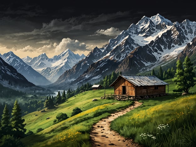 Auf dem Bild ist eine idyllische Landschaft mit einem Holzhaus, umgeben von üppigem Grün und majestätischen Bergen. Die Szenerie strahlt eine ruhige und malerische Atmosphäre aus.Die beste Reisezeit für Bhutan ist von März bis Mai und von September bis November. In diesen Monaten sind die Temperaturen mild, und die Landschaft zeigt sich in voller Pracht, was ideale Bedingungen für Erkundungen bietet.