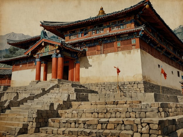 Auf dem Bild könnte ein traditionelles bhutanisches Kloster oder eine Festung zu sehen sein, die typisch für die Architektur Bhutans ist. Solche Gebäude sind häufig mit aufwendigen Holzschnitzereien und bunten Wandmalereien verziert, die religiöse und kulturelle Themen darstellen.Bhutan ist bekannt für seine tief verwurzelte buddhistische Kultur, und viele Klöster, auch Dzongs genannt, dienen sowohl als religiöse Stätten als auch als administrative Zentren. Die Architektur, mit ihren markanten Steinmauern und geschwungenen Dächern, spiegelt den Einfluss des Tibetanischen Buddhismus wider. Solche Bauten befinden sich oft in malerischen Landschaften, umgeben von Bergen und Wäldern, was die spirituelle Verbindung der bhutanischen Menschen zur Natur unterstreicht.Die Stufen, die zum Eingang führen, symbolisieren oft den Weg zu höherem Verständnis oder Erleuchtung. Farbige Flaggen, wie die im Bild, sind häufige Merkmale und sollen gute Wünsche und spirituelle Segnungen verbreiten.