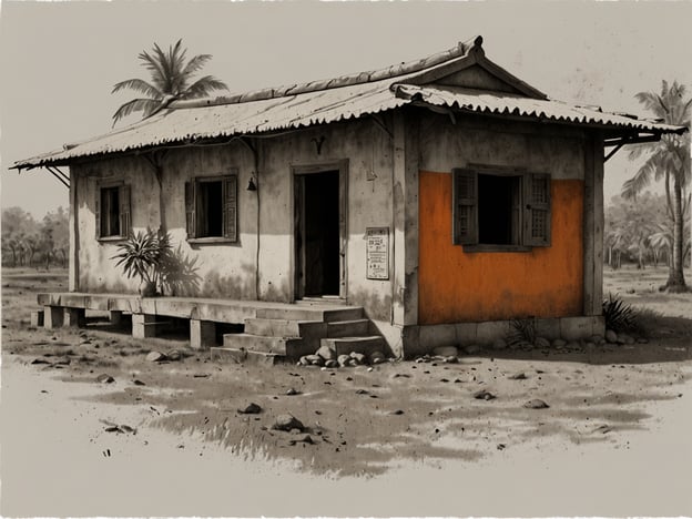 Auf dem Bild ist ein einfaches, ländliches Haus zu sehen. Es hat einen grauen, rauen Putz mit einem orangefarbenen Anstrich an einer Wand, Holzfenster und eine kleine Veranda. Um das Haus wachsen einige Pflanzen, und es scheint eine ruhige, ländliche Umgebung zu geben.Die besten Reisezeiten für Indien sind von Oktober bis März. In dieser Zeit ist das Wetter in den meisten Regionen angenehm und ideal für Erkundungen. Während der Sommermonate kann es sehr heiß werden, und die Monsunzeit bringt viel Regen, insbesondere in den südlichen und westlichen Teilen des Landes.
