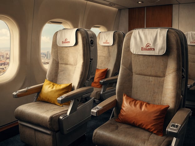 Auf dem Bild sind Leerzeilen in einem Flugzeug zu sehen, die mit Kissen ausgestattet sind. Die Sitze haben Kopfpolster mit dem Logo von Emirates.Welche Fluggesellschaft ist die beste Wahl? Emirates ist bekannt für ihren exzellenten Service und komfortable Sitze, was sie zu einer beliebten Wahl für viele Reisende macht.