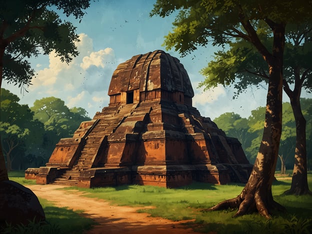 Auf dem Bild ist eine pyramidenartige Tempelanlage zu sehen, umgeben von üppigem Grün und Bäumen. Diese Art von Struktur erinnert an verschiedene historische Stätten, die in verschiedenen Kulturen der Welt verbreitet sind, insbesondere an die Architektur der alten Maya oder Azteken in Mittelamerika. Solche Tempel dienten oft religiösen Zeremonien und hatten bedeutende kulturelle Rolle in der jeweiligen Zivilisation.
Die Szenerie vermittelt ein Gefühl der Ehrfurcht und Verbundenheit mit der Natur, typisch für viele archäologische Stätten, wo sich die Schönheit der Natur harmonisch mit historischem Erbe verbindet.
