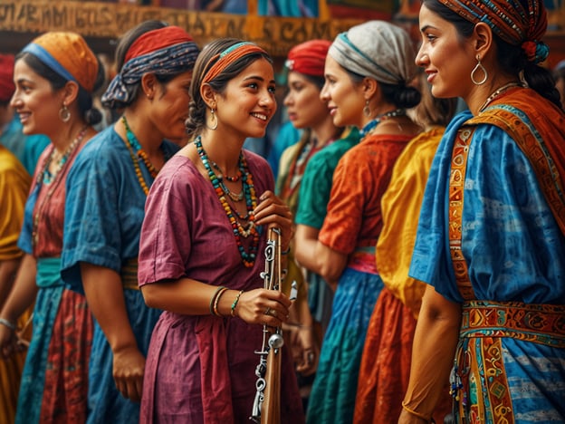 Auf dem Bild sind mehrere Frauen in traditionellen, farbenfrohen Kleidern zu sehen, die zusammen stehen und fröhlich interagieren. Die bunten Gewänder und die Schmuckstücke, wie Halsketten und Ohrringe, spiegeln lokale Handwerkskunst und kulturelle Identität wider.Diese Darstellung könnte eine Feier, ein Festival oder ein gemeinschaftliches Ereignis zeigen, das in vielen Kulturen eine zentrale Rolle spielt. Solche Feste sind häufig mit Musik, Tanz und Traditionen verbunden, die von Generation zu Generation weitergegeben werden, und sie fördern den Zusammenhalt innerhalb der Gemeinschaft.Um in die lokale Kultur einzutauchen, wäre es wichtig, an solchen Veranstaltungen teilzunehmen, lokale Bräuche zu lernen und die Menschen durch Dialog und Austausch zu verstehen. Das Tragen traditioneller Kleidung und das Mitmachen bei typischen Tänzen könnten ebenfalls Wege sein, sich respektvoll und aktiv zu integrieren.