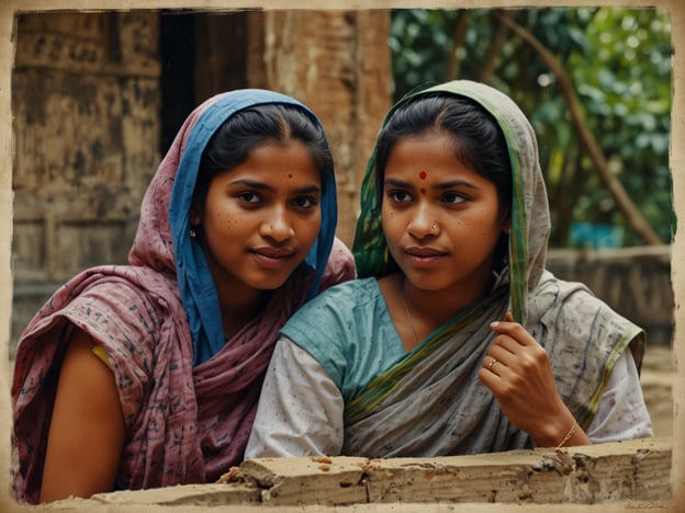 Auf dem Bild sind zwei Frauen zu sehen, die traditionelle indische Kleidungsstücke tragen. Sie scheinen in einer ländlichen Umgebung zu sein und tragen Schals, die möglicherweise kulturelle oder religiöse Bedeutung haben.In vielen Kulturen, insbesondere in Indien, wird das Tragen von Schals oder Tüchern oft mit Respekt und Anstand assoziiert. Es ist wichtig, die kulturellen Kontexte zu verstehen, in denen solche Kleidungsstücke getragen werden, und die Vielfalt der Traditionen zu respektieren. Es könnte auch darauf hindeuten, dass sie in einer gemeinschaftlichen oder familiären Interaktion sind, was in vielen Kulturen von großer Bedeutung ist.Es ist ratsam, bei der Betrachtung solcher Bilder die kulturellen Besonderheiten und die mögliche Symbolik der Kleidung zu berücksichtigen.