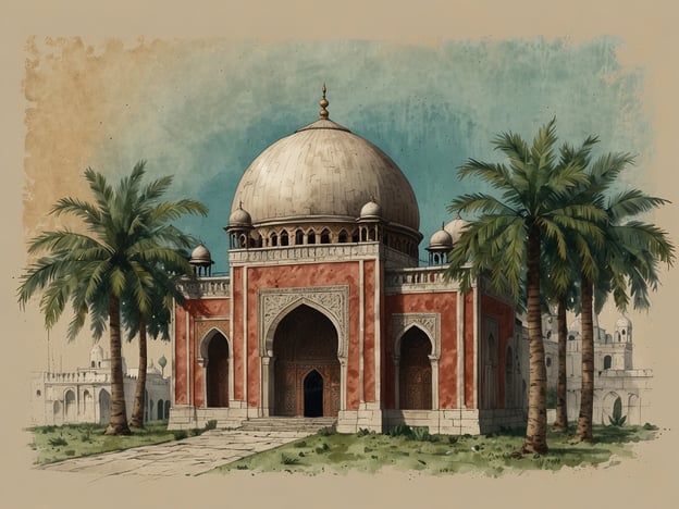 Auf dem Bild ist ein historisches Gebäude mit einem großen, kuppelförmigen Dach zu sehen, das von Palmen umgeben ist. Die Architektur erinnert an indische Mausoleen, wie sie oft in Mughal-Architektur zu finden sind. Ein bekanntes Beispiel wäre das Humayun-Mausoleum in Neu-Delhi, das für seine prachtvolle Gestaltung und die besondere Verwendung von roten Sandsteinen bekannt ist.
Die frohe und lebendige Landschaft, kombiniert mit den eleganten architektonischen Details, spiegelt das reiche kulturelle Erbe der Region wider. Solche Bauwerke sind oftmals beliebte Touristenziele und ziehen Besucher an, die sich für Geschichte und Architektur interessieren.