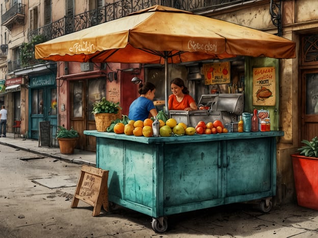 Auf dem Bild ist ein lebhafter Marktstand zu sehen, der eine Vielzahl von frischen Obst- und Gemüsesorten anbietet. Die Verkäuferin lächelt und interagiert freundlich mit den Besuchern, während sie bunte Zitrusfrüchte wie Orangen und Zitronen präsentiert. Solche Stände sind typisch für viele Regionen, in denen frische, lokale Produkte verkauft werden, wie beispielsweise in Mittelmeerländern oder auf lokalen Märkten in Südeuropa.
Die Atmosphäre strahlt eine gemütliche, einladende Stimmung aus und könnte dazu einladen, regionale Spezialitäten zu probieren, wie frische Fruchtsäfte oder lokale Salate. Diese Art von Straßenessen zeigt die kulinarischen Genüsse, die oft aus den besten saisonalen und regionalen Zutaten zubereitet werden.