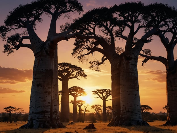 Auf dem Bild sind majestätische Baobab-Bäume zu sehen, die in einer Landschaft mit einem atemberaubenden Sonnenuntergang stehen. Diese beeindruckenden Bäume sind häufig in Afrika, insbesondere auf der Insel Madagaskar, bekannt.Aktivitäten, die man in dieser Umgebung genießen könnte, sind Safaris zur Tierbeobachtung, Wanderungen durch die Natur, Fotografieren der einzigartigen Flora und Fauna sowie das Erleben der lokalen Kultur und Traditionen. Die Szenerie ist ideal für entspannende Abende und bietet spektakuläre Ausblicke auf den Sonnenuntergang.