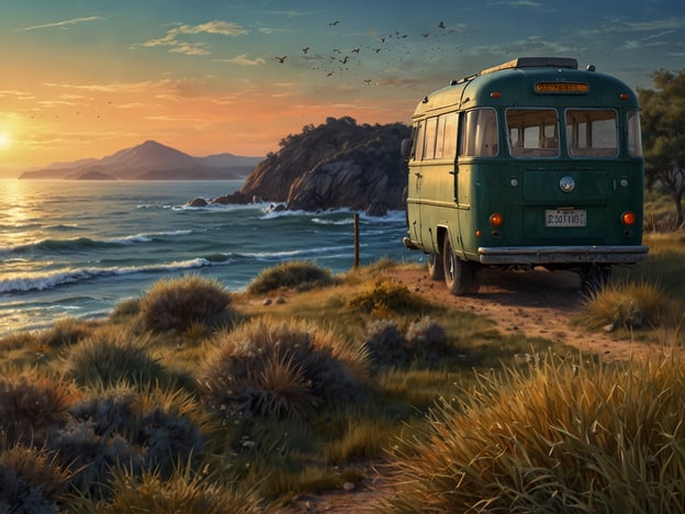 Auf dem Bild ist ein grüner Bus zu sehen, der an einem Küstenweg steht. Der Sonnenuntergang beleuchtet die Landschaft mit warmen Farben, während das Meer sanfte Wellen schlägt. Im Hintergrund sind Hügel und eine felsige Küste sichtbar, und einige Vögel fliegen am Himmel.Wann ist die beste Zeit, nach Kenia zu reisen? Die beste Zeit für eine Reise nach Kenia ist von Juli bis Oktober, wenn die Tierwanderung in der Masai Mara stattfindet und das Wetter trocken und angenehm ist. Auch von Januar bis Februar sind die Bedingungen gut, da es wenig Regen gibt.