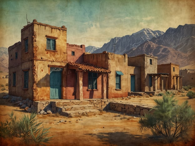 Auf dem Bild sind rustikale Gebäude in einer Wüstenlandschaft zu sehen, umgeben von Bergen. Diese Architektur könnte Einflüsse aus verschiedenen Kulturen widerspiegeln, möglicherweise mit Elementen aus der spanischen Kolonialarchitektur, die charakteristisch für bestimmte Regionen in den USA oder Lateinamerika ist.Die Farben und Materialien, wie der verwitterte Putz und die bunten Fensterläden, zeugen von einer reichen Geschichte, die den Einfluss der natürlichen Umgebung auf den Bau und die Lebensweise der Menschen zeigt. Die trockene Landschaft sowie die verwendeten Baumaterialien könnten auf die Anpassung an das jeweilige Klima und die Ressourcen der Region hinweisen.Solche Szenen sind oft Zeugen der vielfältigen kulturellen Hintergründe, die im Laufe der Jahrhunderte in solchen Gegenden entstanden sind.