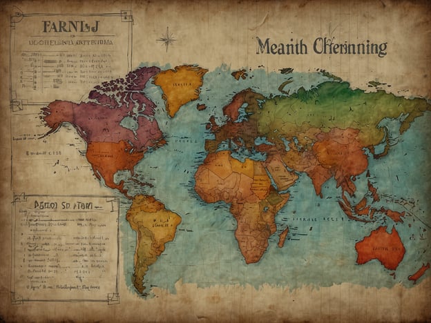 Auf dem Bild ist eine alte, künstlerische Weltkarte zu sehen. Sie zeigt die Kontinente, Länder und einige geografische Merkmale in verschiedenen Farben und Stilen. Solche Karten sind oft reich an Detail und bieten einen nostalgischen Blick auf die Welt.Hier sind einige praktische Tipps für deine Reise:1. **Zielauswahl**: Nutze Karten, um interessante Reiseziele zu finden. Bestimme, welche Kontinente oder Länder du besuchen möchtest.2. **Planung**: Markiere Sehenswürdigkeiten und wichtige Orte auf der Karte, um deine Reiseroute zu optimieren.3. **Kultur und Geschichte**: Informiere dich über die Kultur und Geschichte der Orte, die du besuchen möchtest. Alte Karten können dir helfen, das historische Bewusstsein eines Gebiets zu verstehen.4. **Transportmittel**: Überlege, welche Transportmittel zwischen den Ländern oder Städten am besten sind.5. **Sicherheit**: Prüfe aktuelle Reisehinweise und Sicherheitsinformationen für die Regionen, die du besuchen willst.6. **Packliste**: Denke an passende Kleidung und Ausrüstung, abhängig von den Klimazonen, die du bereisen wirst.Viel Spaß beim Reisen!