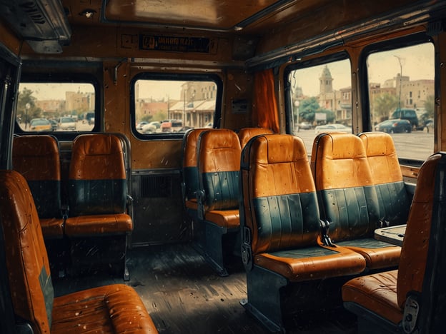 Auf dem Bild ist das Innere eines Busses zu sehen, das mit orangefarbenen und blauen Sitzen ausgestattet ist. Die Wände und das Licht im Bus scheinen etwas düster und möglicherweise verflissent zu sein.In Ruanda sind sichere und komfortable Fortbewegungsmittel wichtig. Örtliche Busse oder Minibusse, auch "matatus" genannt, bieten eine kostengünstige Möglichkeit, sich im Land zu bewegen. Diese Fahrzeuge sind oft gut gewartet und bieten regelmäßige Verbindungen zwischen Städten. Zudem gibt es andere Optionen wie Taxis und Motorradtaxis, die ebenfalls eine sichere Fortbewegung gewährleisten, während die Straßen in vielen Gebieten gut ausgebaut sind.