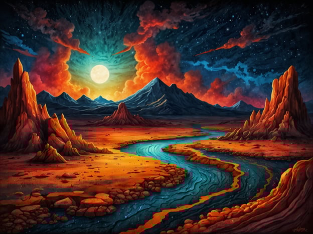 Das Bild zeigt eine beeindruckende, surrealistische Landschaft, die an die Danakil-Senke erinnert. Die Szene weist markante, rote und orangefarbene Felsformationen auf, umgeben von einer weiten, leeren Wüste. In der Mitte fließt ein leuchtend blauer Fluss, der sich durch die trockene Landschaft schlängelt.Der Himmel ist mit dramatischen Wolken in leuchtenden Farben gefüllt, während ein großer, heller Mond die Szenerie erleuchtet. Diese Kombination aus Farben und Formen schafft eine fast außerirdische Atmosphäre, die die betrachter in eine andere Welt entführt.